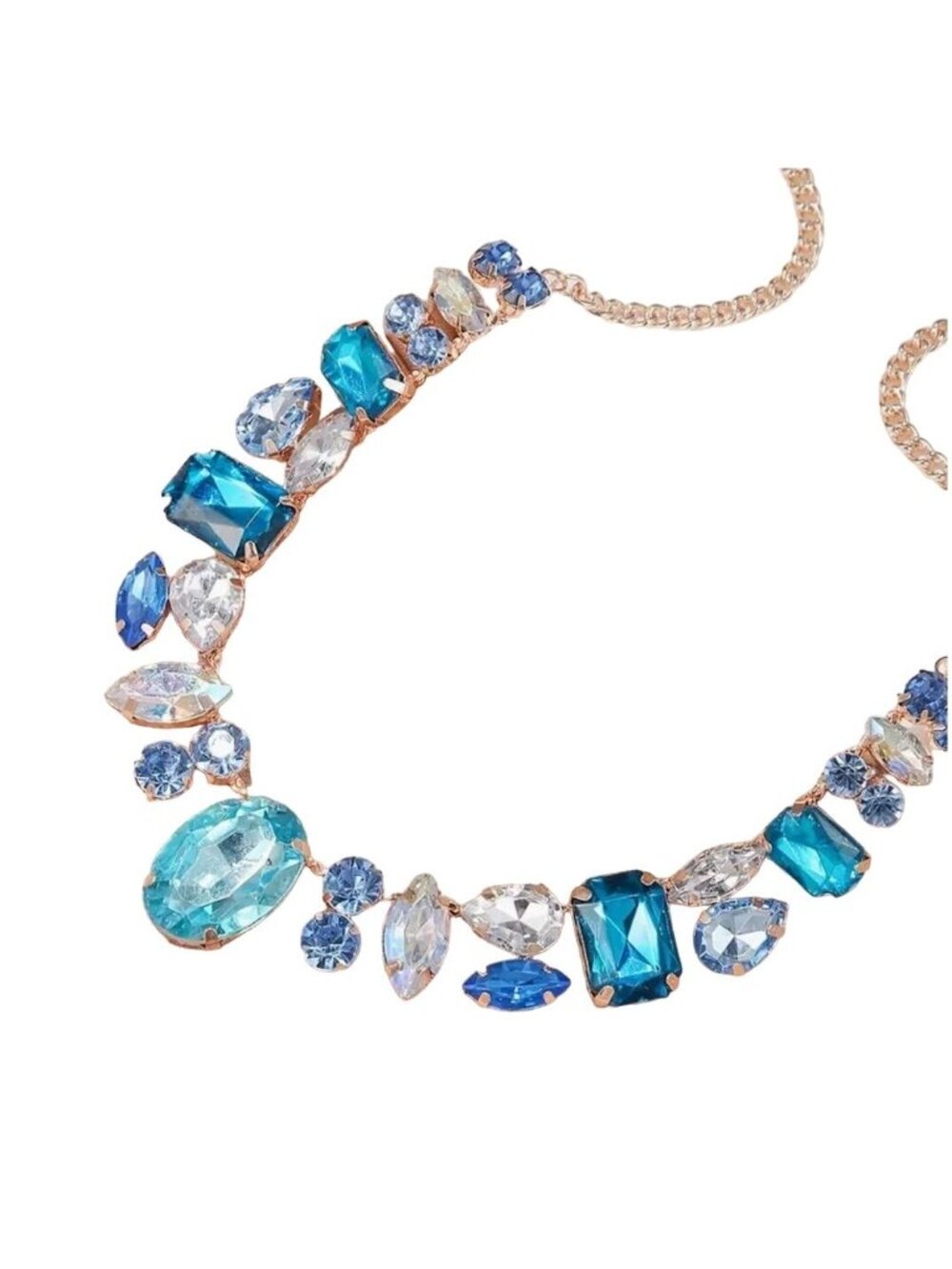 Crystal Statement Necklace With Multi-tone Blue Glass Gemstones & Gold-Tone Chai